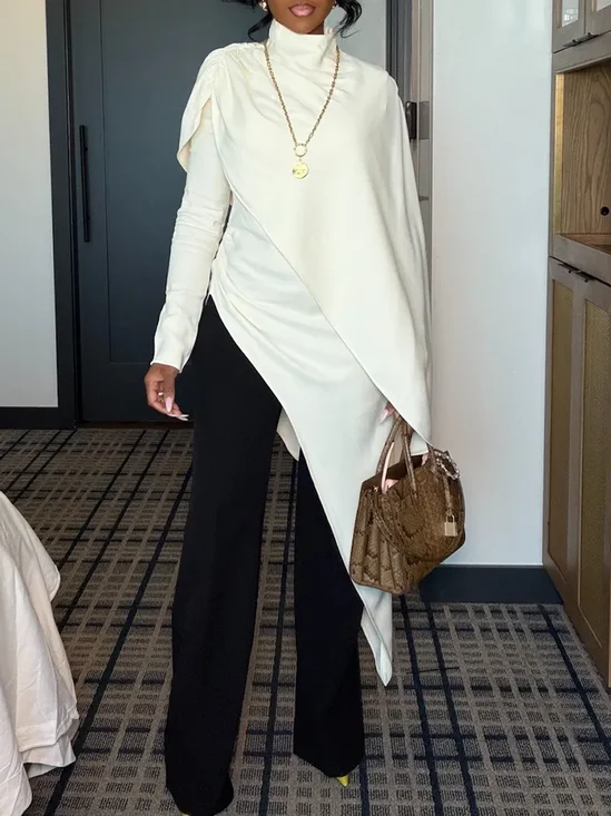 High Elasticity Urban Plain Asymmetric Mock Neck Blouse Two-Piece Set