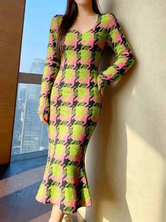 Elegant Houndstooth V Neck Sweater Midi Dress