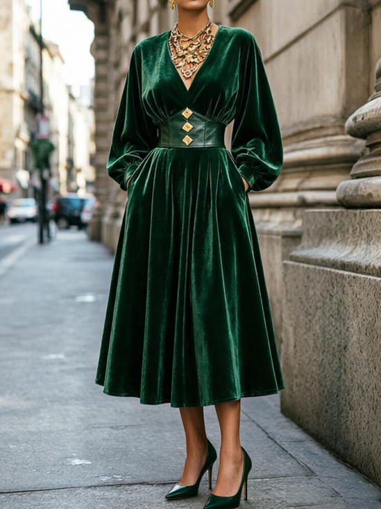 Elegant Plain Split Joint V Neck Midi Dress