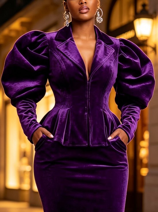 Velvet Elegant Puff Sleeve Plain Lapel Collar Jacket