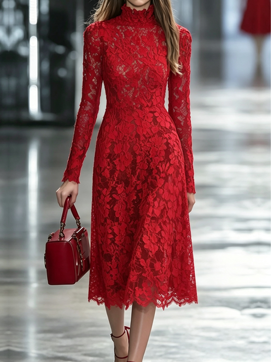 Elegant Plain Stand Collar Midi Dress