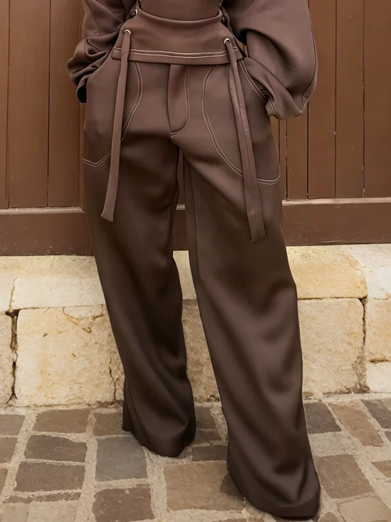Casual Solid High Waist Wide Leg Long Loose Pants