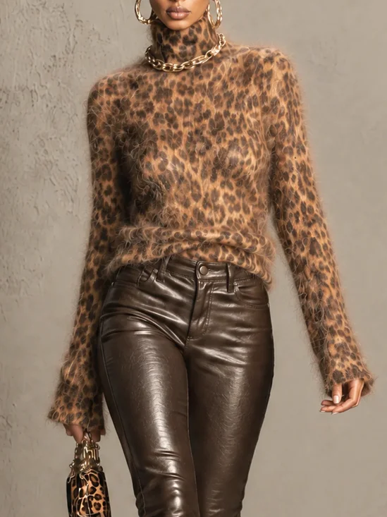 High Elasticity Casual Leopard Turtleneck Sweater