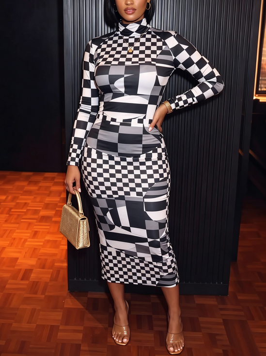 Elegant Geometric Printing Mock Neck Midi Dress