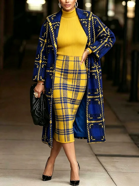 Elegant Printing Plaid Shawl Collar Coat