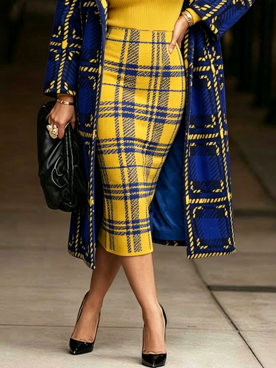 Elegant Plaid Sweater Midi Skirt