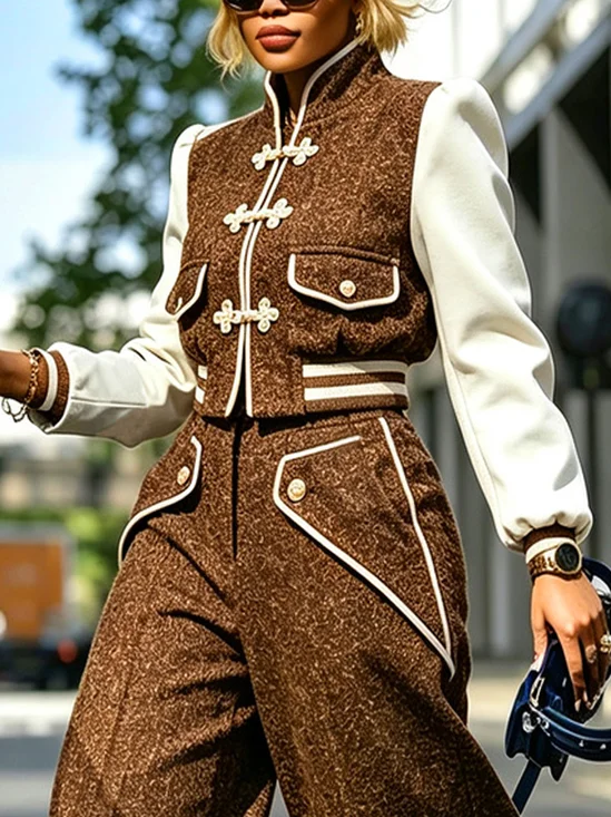 Urban Split Joint Color Block Stand Collar Jacket