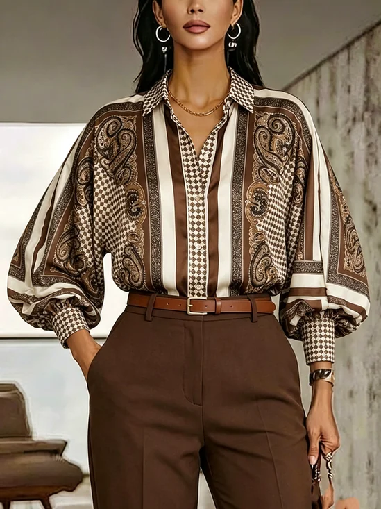 Satin Urban Geometric Printing Shirt Collar Shirt