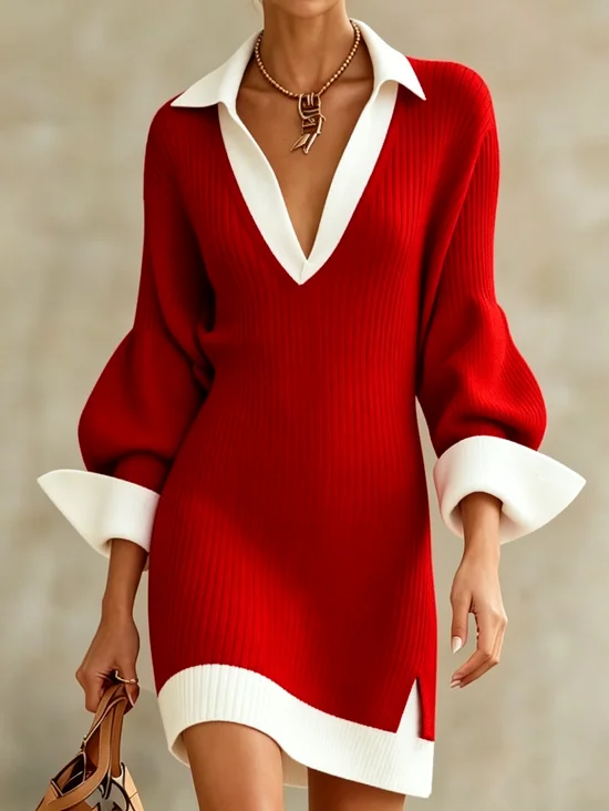 Casual Color Block V Neck Sweater Midi Dress