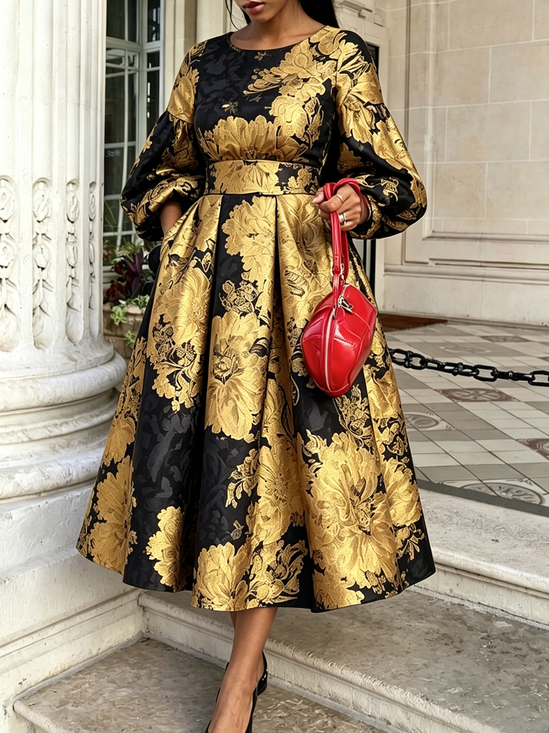 Elegant Floral Crew Neck Long Sleeve Midi Dress