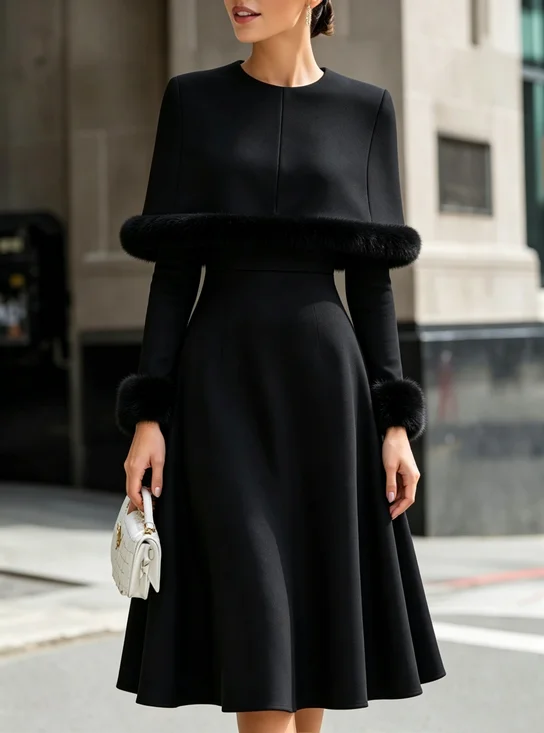 Elegant Plain Crew Neck Midi Dress