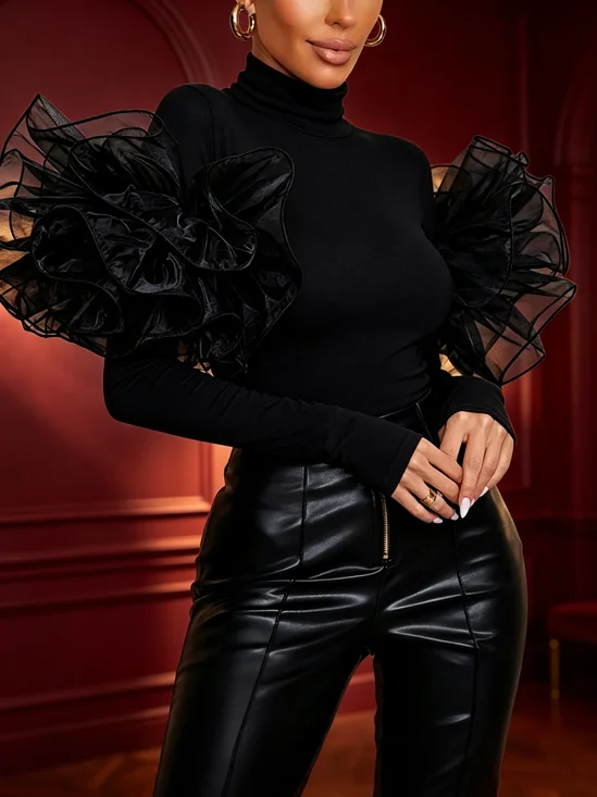 Elegant Plain 3D Floral Turtleneck Blouse