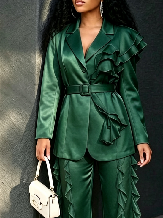 Urban Peplum Plain Lapel Collar Blazer With Belt