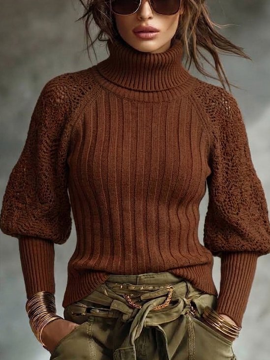 Urban Plain Turtleneck Puff Sleeve Sweater