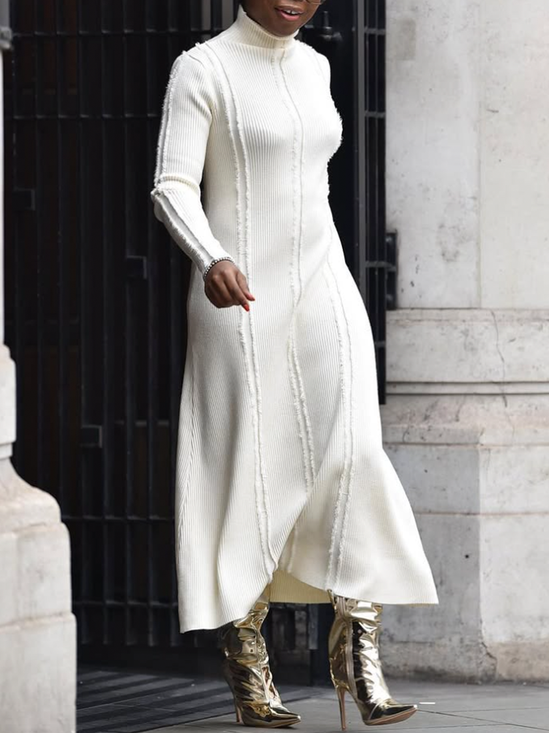 Medium Elasticity Urban Plain Tassel Turtleneck Maxi Sweater Dress