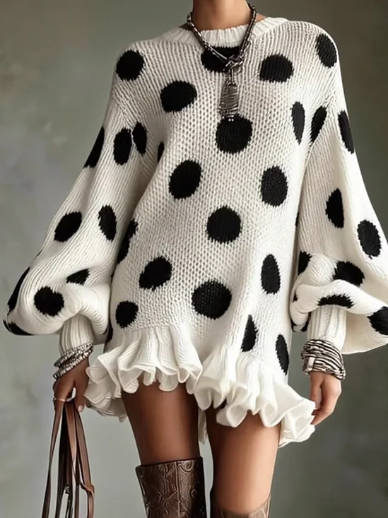 Casual Polka Dots Peplum Crew Neck Mini Sweater Dress