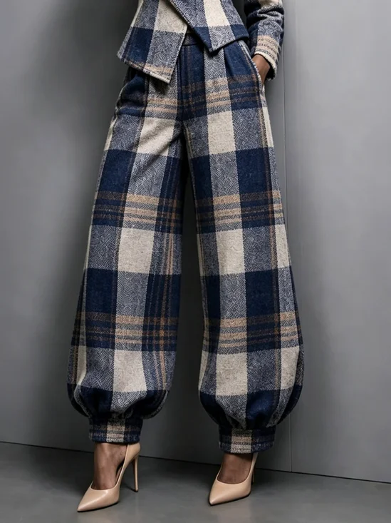 Urban Plaid Printing Ankle Banded Pants