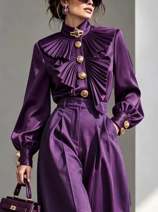 Satin Urban Plain Pleated Shirt Collar Shirt