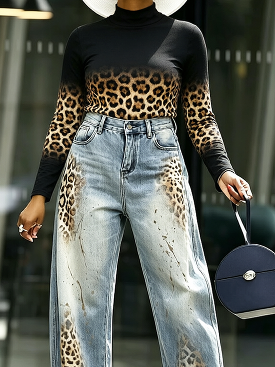 Casual Leopard Printing Crew Neck T-shirt