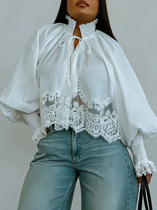 Cotton Urban Plain Split Joint Stand Collar Blouse