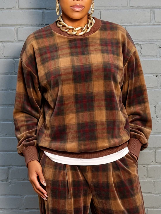 Velvet Casual Plaid Printing Crew Neck Sweatshirt