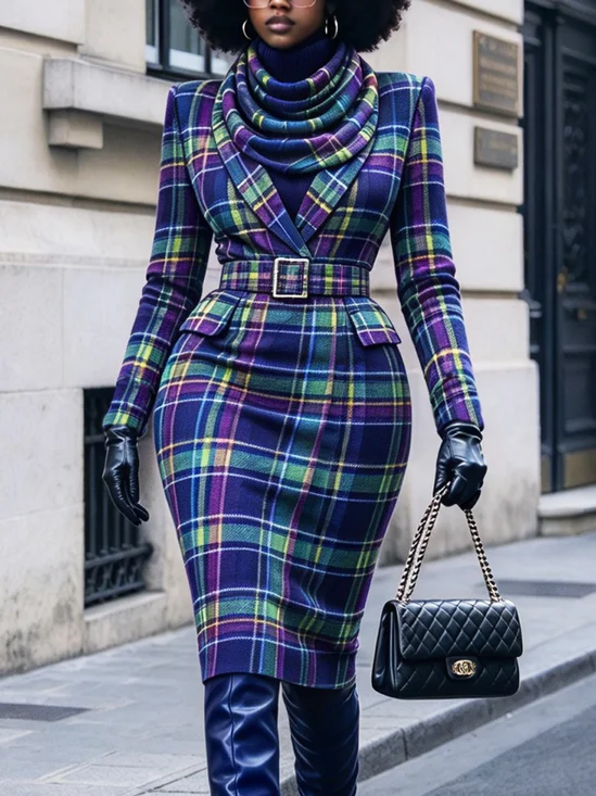 Urban Plaid Printing Midi Dress With Belt And Scarf