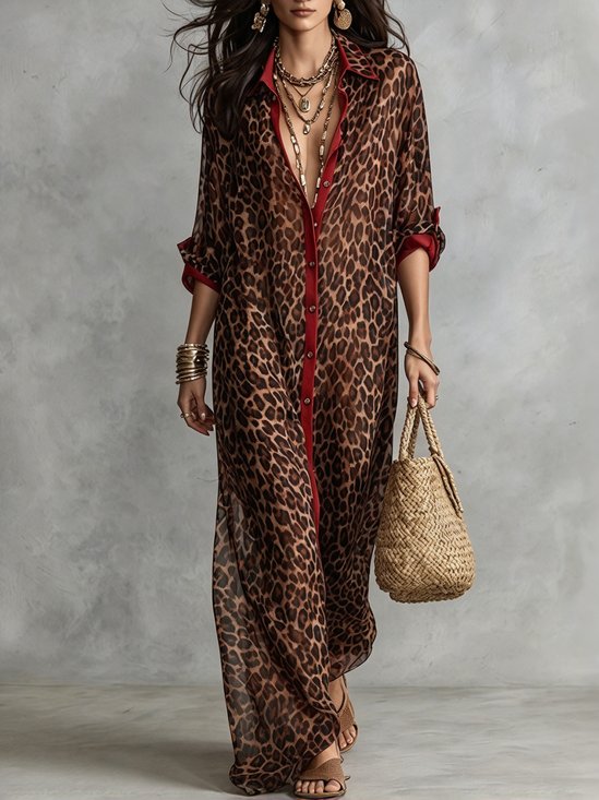 Casual Leopard Printing Shirt Collar Maxi Dress