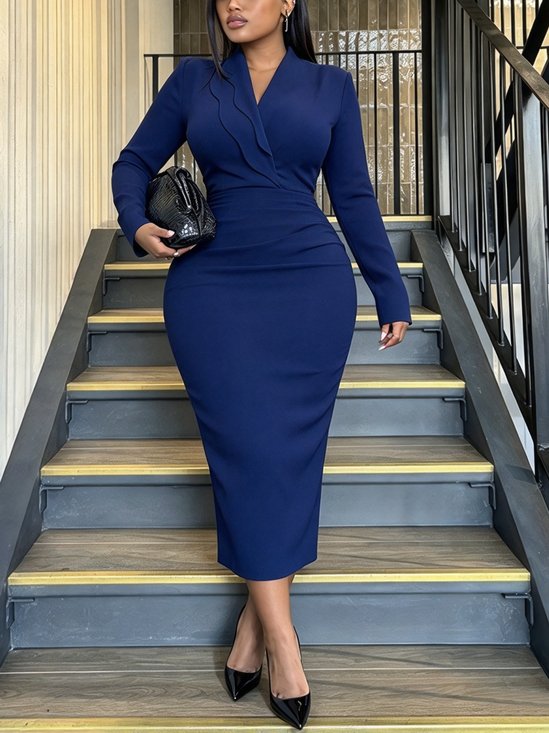 Elegant Plain Asymmetric Shawl Collar Midi Dress
