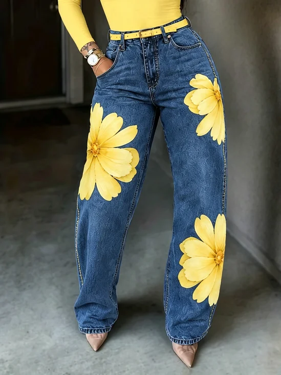 Casual Printing Denim Jeans With No Belt