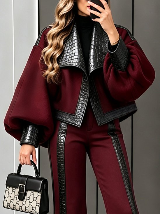 Urban Balloon Sleeve Split Joint Color Block Shawl Collar Jacket