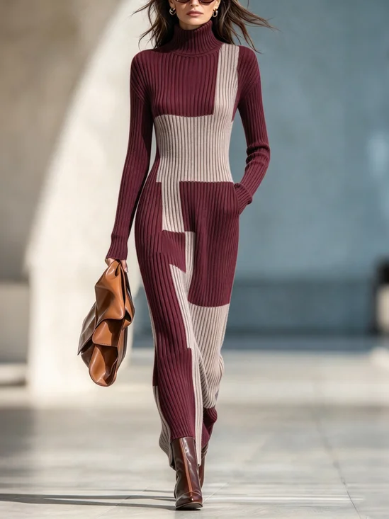 Casual Colorblock Turtleneck Sweater Maxi Dress