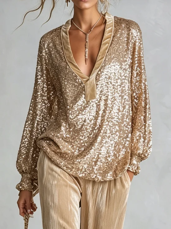 Glitter Urban Plain Split Joint V Neck Blouse