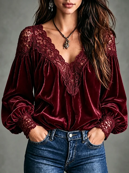 Velvet Elegant Plain Lace V Neck Blouse