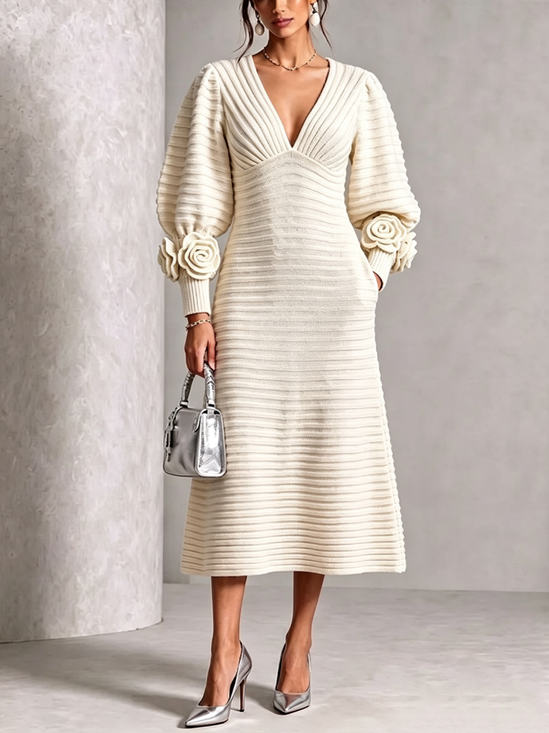 Elegant Plain 3D Floral V Neck Sweater Maxi Dress