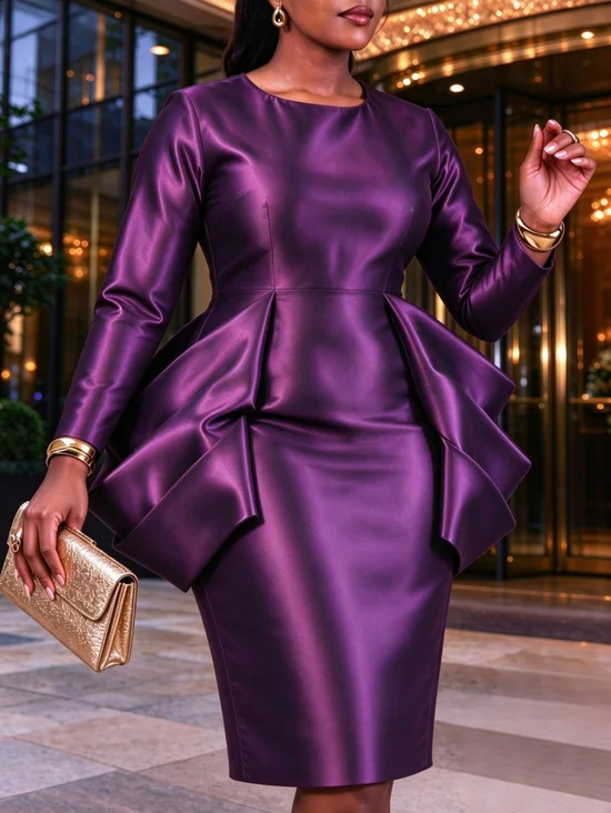 Elegant Plain Folds Crew Neck Knee Length Dress
