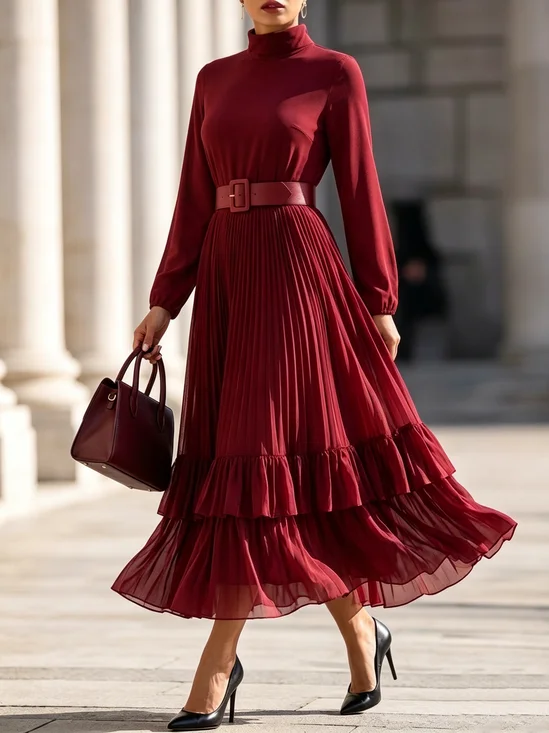 Elegant Plain Pleated Mock Neck Maxi Dress With  No Belt