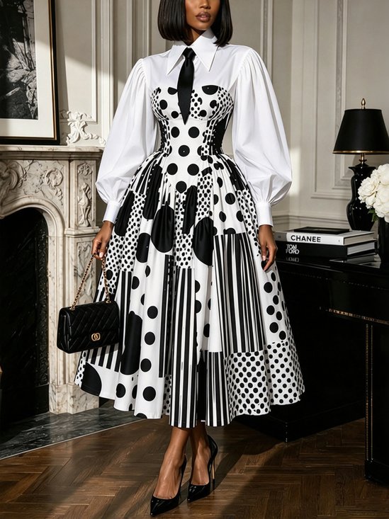 Urban Polka Dots Puff Sleeve Printing Shirt Collar Midi Dress With Tie