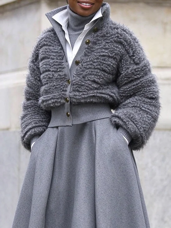Medium Elasticity Urban Plain Stand Collar Sweater Cardigan