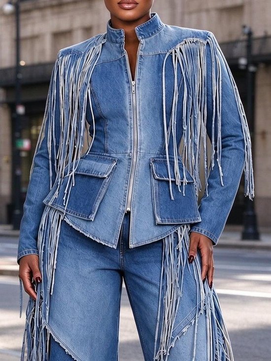 Urban Tassel Plain Stand Collar Denim Coat