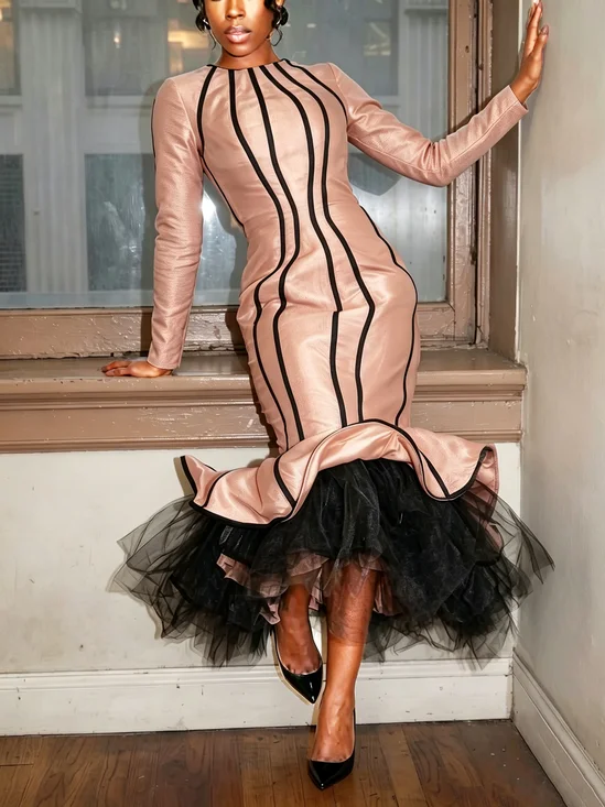 Elegant Color Block Split Joint Crew Neck Maxi Dress