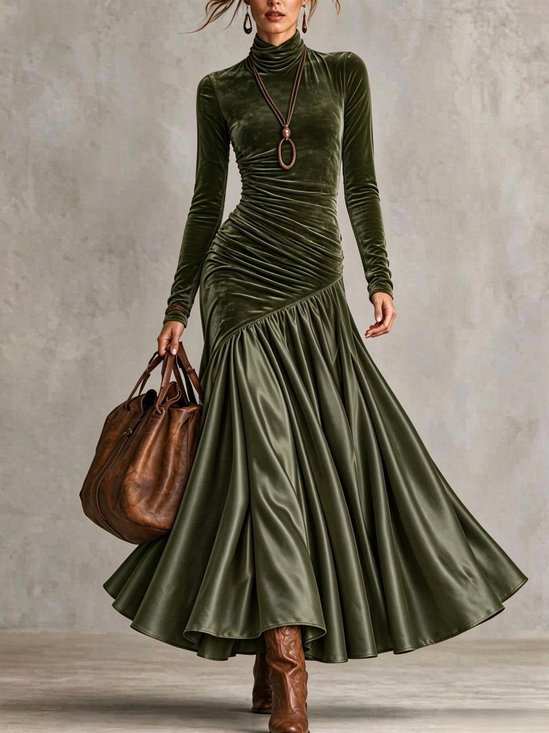 Urban Plain Split Joint Turtleneck Maxi Dress