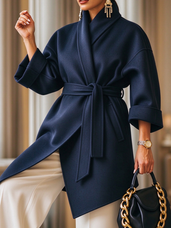 Urban Plain Shawl Collar Mid-long Coat Belt