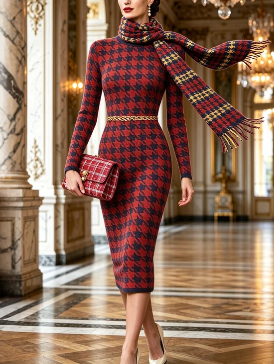 Elegant Houndstooth Crew Neck Sweater Midi Dress No Belt No Scarf