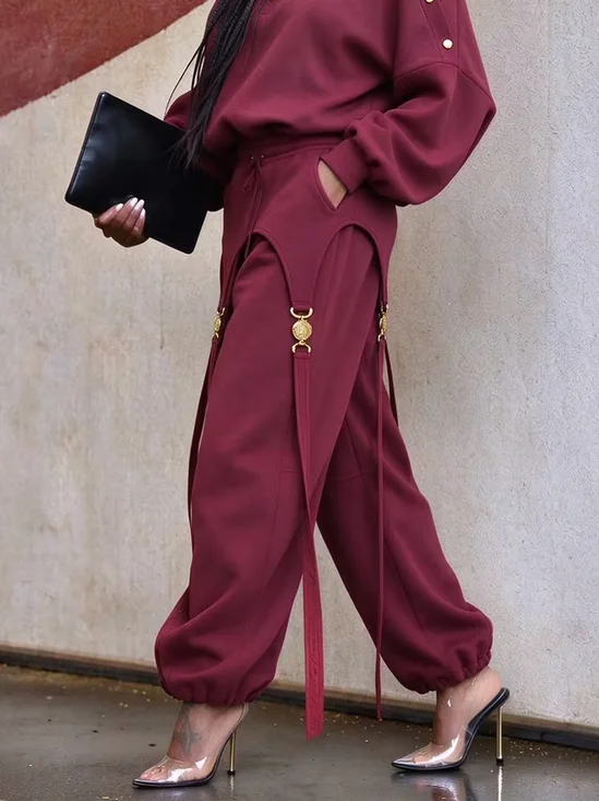 Medium Elasticity Casual Plain Asymmetric Ankle Banded Pants
