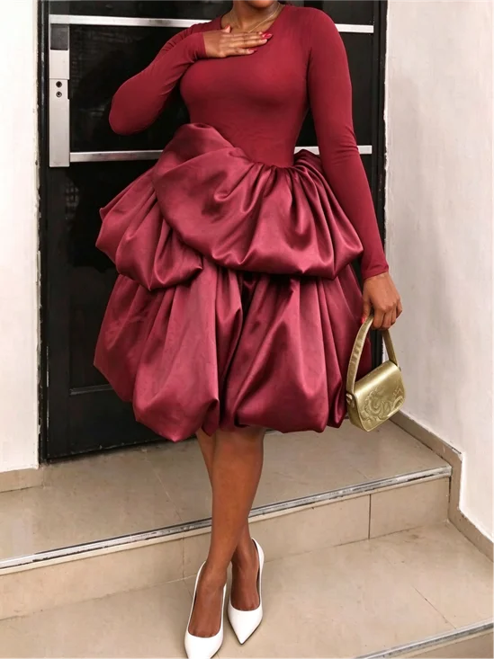 Elegant Plain Split Joint Crew Neck Knee Length Dress