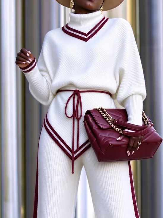 Casual Plain Irregular Craftsmanship Turtleneck Dolman Sleeve Sweater Belt