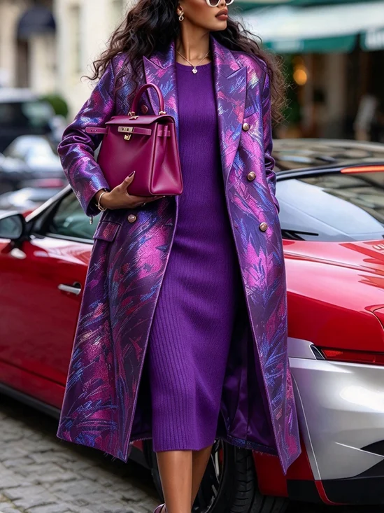 Elegant Random Print Lapel Collar Trench Coat