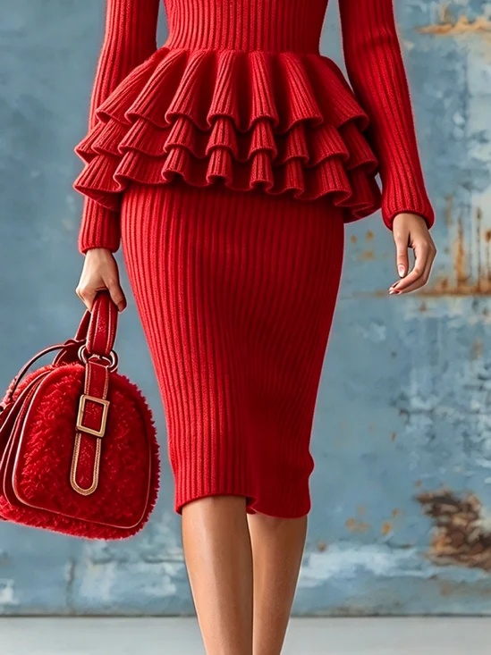 Elegant Plain Sweater Knee Length Skirt