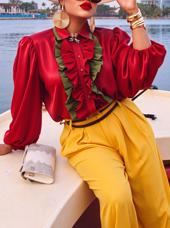 Satin Elegant Color Block Shirt Collar Shirt