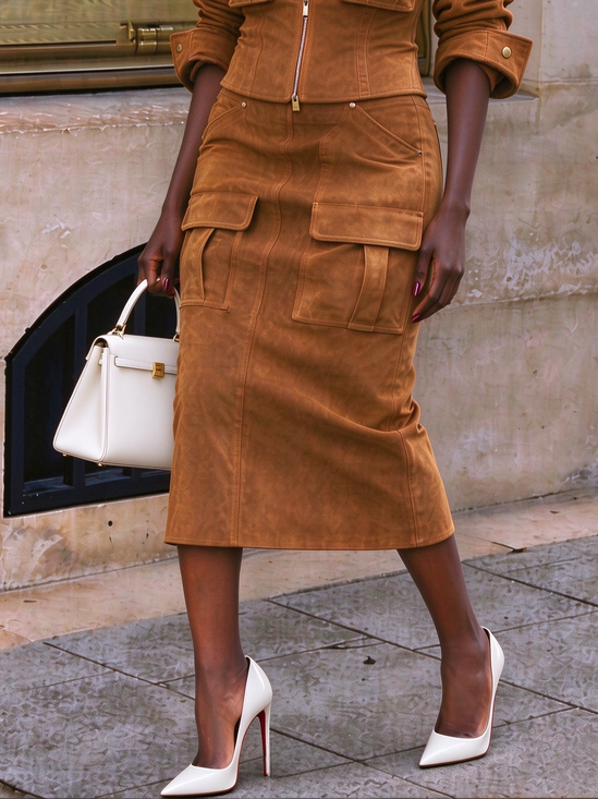 Urban Pockets Plain Midi Faux Leather Skirt